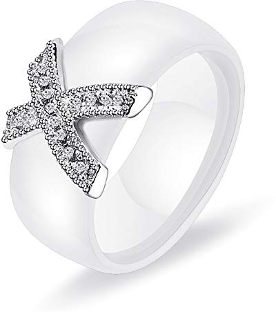 OAKKY Damen X Geformt Engagement Hochzeit Band Ringe Keramik Weiß Größe 60 (19.1)