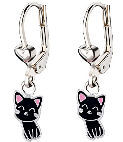 FIVE-D Kinderohrringe Creolen Katze 925 Sterling Silber (Schwarz/Silber)