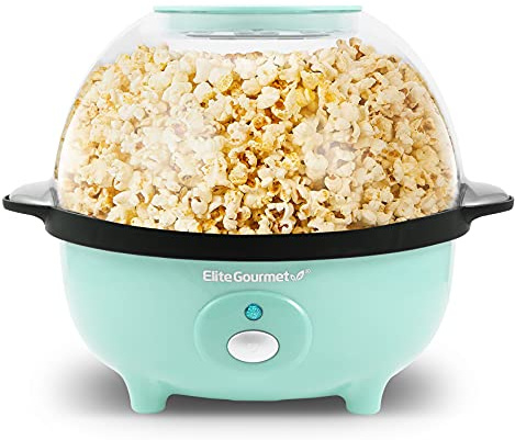 Elite Gourmet EPM330M Automatic Stirring 12-cup Popcorn Maker Popper, Hot Oil Popcorn Machine w/Measuring Cap & Built-in Reversible Serving Bowl, Great for Home Party Kids, Safety ETL Approved, Mint