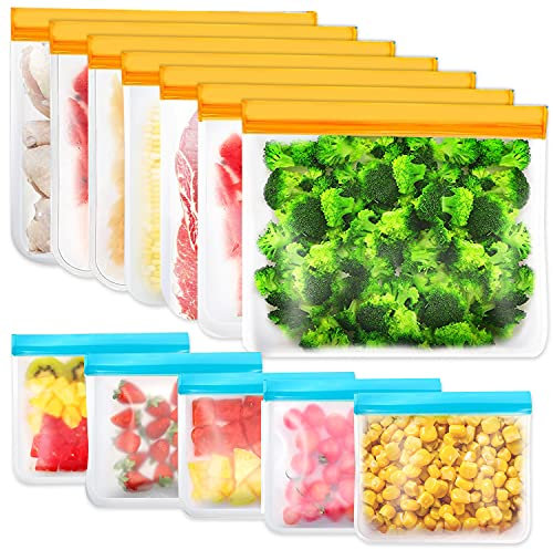 IDEATECH 12 Pack Reusable Silicone Food Storage Bag, Reusable Sandwich Bag, Reusable Freezer Bags, Leak Proof Ziplock Airtight Container for Lunch, Snacks, Fruits and Vegetables (7 L+5 M Packs)