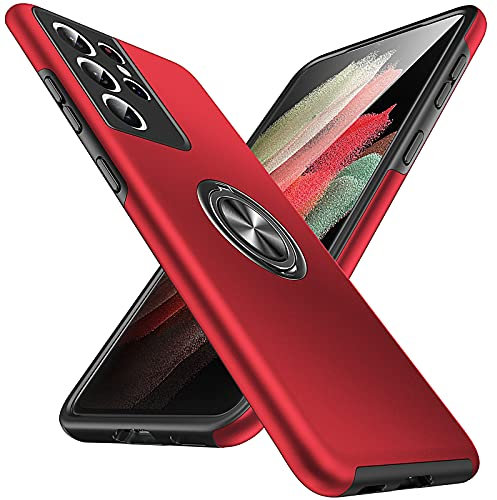 Anqrp Hidden Ring Serie Galaxy S21 Ultra 5G Case, [Embedded Kickstand][Military Shockproof] Rotate Magnetic Ring Stand Heavy Duty Multi-Layer Protective Cover for Samsung Galaxy S21 Ultra, Red