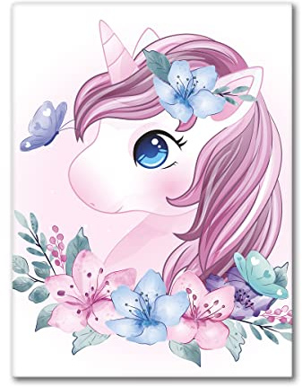 Leinwandbild Pink Unicorn das niedliche Motiv für Kinderzimmer | 30 x 40 cm Bild auf Leinwand Wandbild für Kinder | Einhorn rosa Blumen Mädchen bunt Schmetterling farbig | Mädchenzimmer Babyzimmer