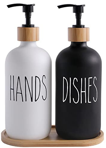 MOMEEMO Seifenspender-Set aus Glas, enthält Handseifen- und Seifenspender. Geeignet für Küchendekoration. (Schwarz und Weiß)