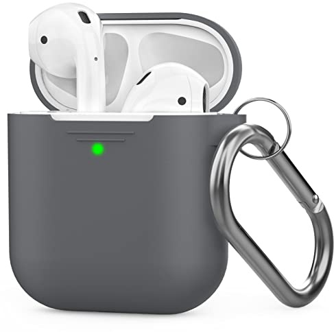 AhaStyle AirPods-Schutzhülle aus Silikon [Front-LED sichtbar und unterstützt kabelloses Laden], kompatibel mit Apple Airpods 2 und 1 (2019), Dunkelgrau und mit Karabiner