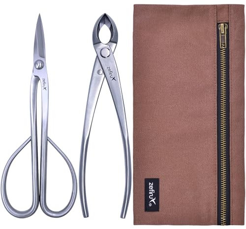 zefiru Kit Herramientas Bonsai Acero Inoxidable - Tijera Pinzado y Podadora Concava - Tijera y Podadora - con Estuche Lona - Set Poda Bonsais - Profesional