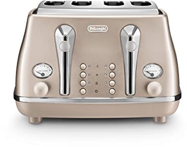 Delonghi 0230140090 Icona Capitals CTOT4003.BG 4-Slice Stainless Steel Toaster, 210mm x 300mm x 310mm, Metallic Beige