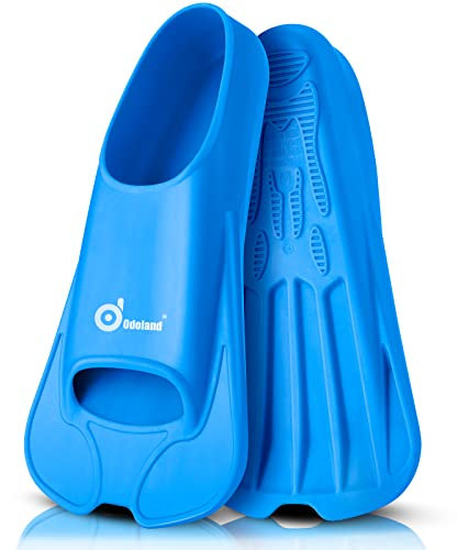 Odoland Schwimmflossen Trainingsflossen für Erwachsene und Kinder Kurze Verstellbar Tauchflossen Herren und Damen für Training im Schwimmen oder Schnorcheln, Blau, L: 43-44