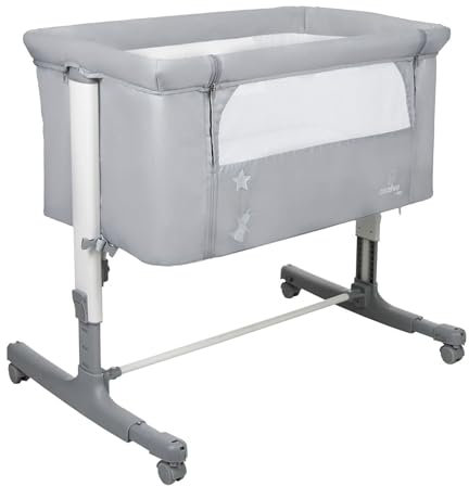 Asalvo Calm Minicuna para Bebé con Sistema de Fijación a la Cama, Colchón con Funda, Altura Ajustable y Laterales Ventilados, Minicuna Colecho Dormir Cerca del Bebé, Desde 0 Meses hasta 9 kg, Gris