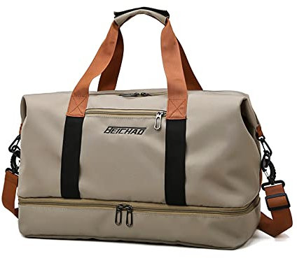 Vllcsla Bolsa de Gimnasia Deportiva con Zapatos Compartimento, Bolsillo Mojado, 32.2 L Bolsa Deporte Hombre, Impermeable Bolsas de Fin de Semana Hombre, Bolsas Lona de Viaje Deportiva, Caqui