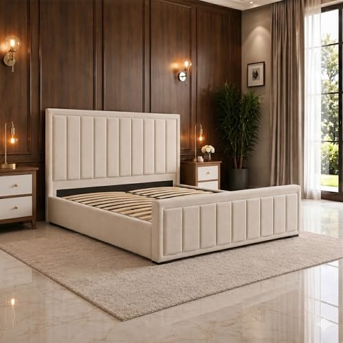 SANA SLEEP 6FT Ottoman Designer Plush Velvet Upholstered Bed Frame With Storage Option - Plush Cream