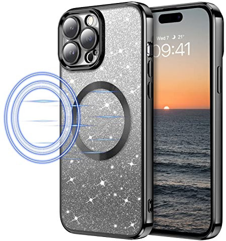 DOMAVER Magnetisch Hülle für iPhone 14 Pro Glitzer, Handyhülle iPhone 14 Pro 6.1 Case Kompatibel mit MagSafe, TPU Silikon Stoßfeste Kratzfest Crystal Magnetic Schutzhülle, Farbverlauf Schwarz