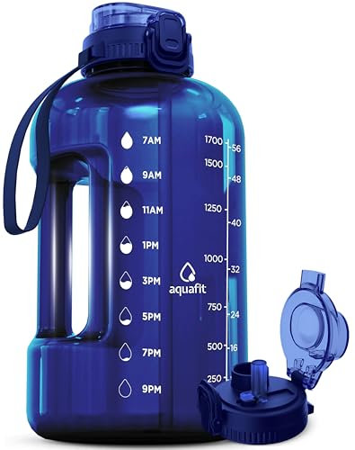 AQUAFIT 2 Litre Water Bottle with Straw - Water Bottles 2L with Time Marker - Half Gallon Big Bottle with Straw - Large Bottle For Gym - Blue, 2-in-1 Lid