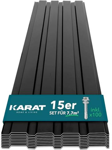 KARAT Metal Roofing Sheets 115 x 45 cm (Pack of 15) 7.7 m² Corrugated Roof Sheeting Plates Cladding for Garage, Shed, Carport and Greenhouse, Galvanised Coated, Black (incl. 100x Screws)