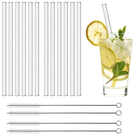 YIWONFU 12 Stück Glasstrohhalme, Wiederverwendbar Transparent Trinkhalme Glas, Strohhalme Glas Lang 21.5cm mit 4 Reinigungsbürste, Glas Trinkröhrchen für Milchtee, Smoothies, Cocktails, Säfte