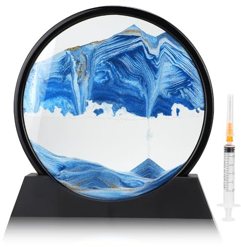 DBREAKS Peinture de sable rotative 3D, decoratif 3D cadre sable mouvant, cadre sablier en verre rond, peinture de sable dynamique, décoration de table de pour les adultes et les enfants,Bleu / 12