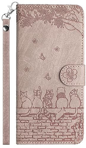 FALUWONRU for iPhone 15 Wallet Case,Fence Cats Butterfly Flower Embossed PU Leather Flip Phone Case with Card Slots,Magnetic Protective Cover with Holder Kickstand,Purple