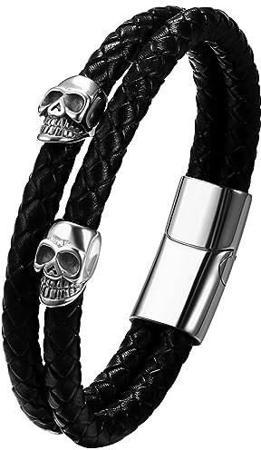 JewelryWe Lederarmband Herren Totenkopf Edelstahl - Silber Gotik Retro Totenkopf Schädel zweischichtig geflochten Kordelkette Leder Armband mit Gravur Männer Armreif Manschette Schwarz