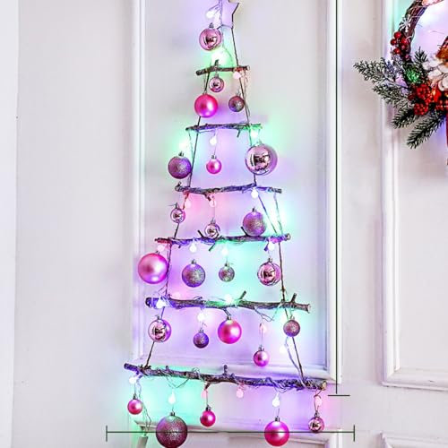Hummcqit 90cm/3ft Tall Christmas Lit Twig Wall Tree 40 Warm White Led Lights Battery Operated Hanging Xmas Wall Decoration Wooden Rope Ladder Bedroom Living Room