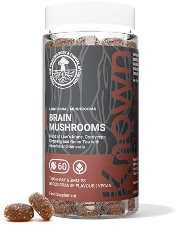 Gommes de Champignons Complément pour le Cerveau par Known Nutrition | Soutien Cérébral avec Cordyceps et Crinière de Lion | Saveur Naturelle Délicieuse d'Orange Sanguine | 60 Gommes Véganes Deux Par