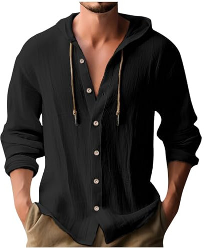 Hoodies for Men UK Clearance Cotton Linen Shirt with Hood Plain Hooded Pullover Casual Drawstring Hoody Top Solid Color Hooded Sweatshirts Comfy Long Sleeves Sweatshirt Black