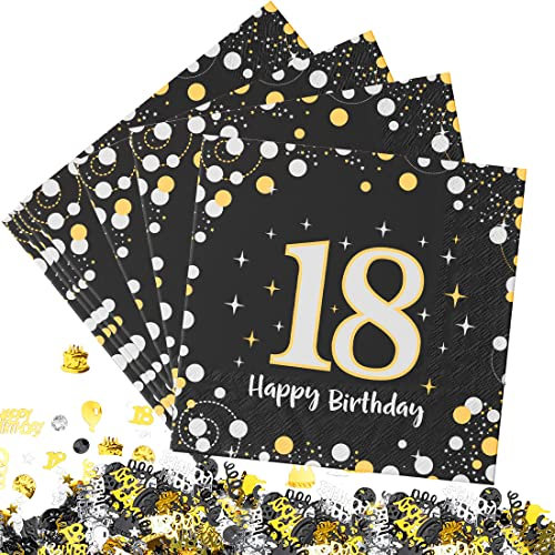 Deko 18. Geburtstag Junge Servietten 30 Stück, Servietten 18. Geburtstag Schwarz Gold mit Konfetti, 3-Lagig Servietten Happy Birthday Geburtstagsdeko Tischdekoration