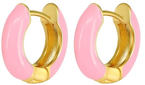 Aroncnet Gold Plated Enamel Earrings: 925 Sterling Silver Hypoallergenic Chunky Thick Hoops Gold Women's Earrings Delicate College Style Multicolor (Pink)
