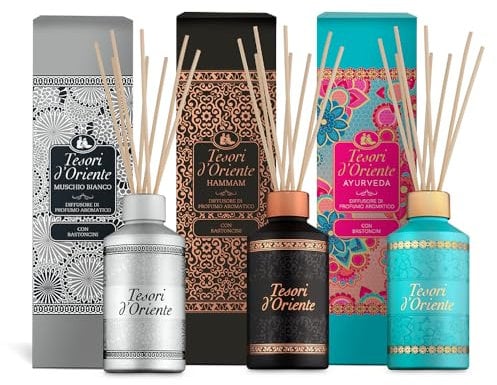 Tesori d'Oriente - Diffusore, Profumatore per Ambienti con Bastoncini, con Oli Essenziali, Deodorante Casa, Fragranze Ayurveda, Hammam e Muschio Bianco, 3 Confezioni da 200ml