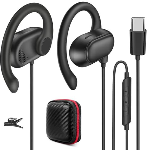 Open Ear USB-C Headphones Sports Wired Earbuds for iPhone 16 15 Plus Galaxy S25 On-Ear Earphones with Earhook Microphone Volume Control, HiFi Stereo Type-C Headset for Samsung S24 S23 S22 S21 S20
