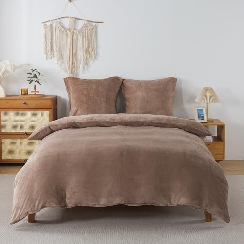 RongRongIN Ropa de cama mullida de 155 x 220 cm, color marrón café, otoño-invierno, funda nórdica de franela con 1 funda de almohada de 80 x 80 cm, franela cálida, suave, tacto de cachemira, con