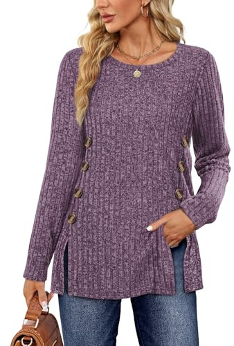 Sampeel Ladies Jumpers Long Sleeve Tops Women Jumpers Symmetrical Button Down Collar Split Womens Jumper Ladies Lightweight Jumpers Size 10-12 Purple Red
