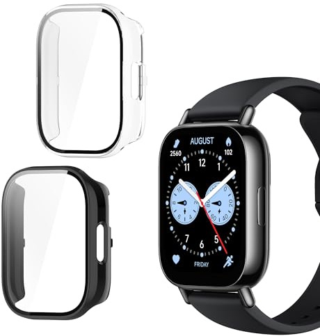 NEWZEROL 2 Stück Schutzhüllen Kompatibel für Xiaomi Redmi Watch 5 Lite, PC-Schutzrahmen + Displayschutzfolie aus Gehärtetem Glas für Xiaomi Redmi Watch5 Lite – Schwarz/Transparent