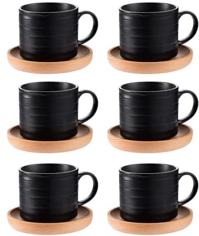Cappuccino Tassen Set 6 x 140ml Kaffeeservice Steingut, 12 teiliges Kaffeeset für 6 Personen, Tassen mit Untertasse Kaffeetassen Set Edle Beinhaltet Kaffeelöffe Vintage Schwarz