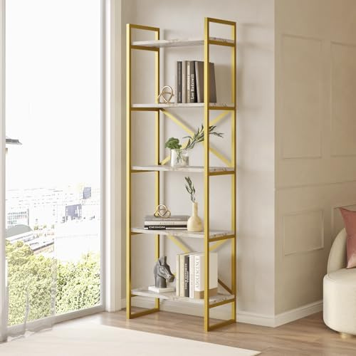 Elegant Marble & Gold Bookshelf, 58 x 30 x 175 cm | 100% Melamine Coated Chipboard, 18 mm Thick, Sturdy Metal Frame | Stylish Storage for Home & Office