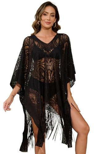 colornival Women's Swimwear Cover-Up for Beach and Pool, Lace V-Neck Swimsuit Dress, Bikini Cover-Up (Black 3)