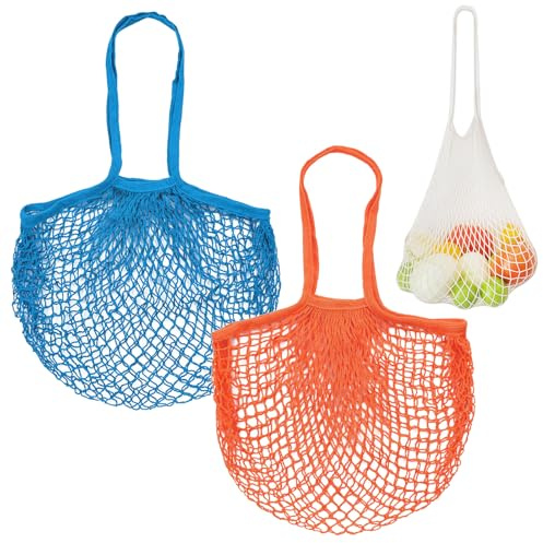 M METERXITY 2-Pack Cotton Mesh Bag, Reusable Washable Mesh Net String Grocery Bags, Reusable Produce Bags with Handle, Net Tote Bag for Fruits/Vegetables Shopping [Blue, Orange, Long Handle]