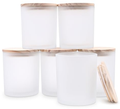 SHOWIN Tarros de vela gruesos de 14 onzas para hacer velas, 6 unidades, tarros vacíos con tapas de madera para tarros de especias, recipiente de muestra, blanco esmerilado
