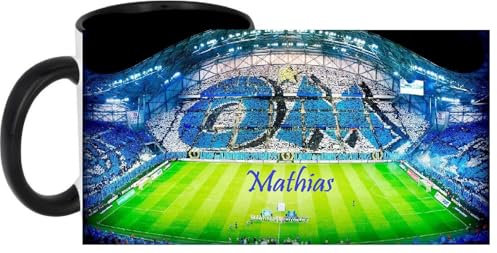 PRESENT Mug céramique OM Olympique de Marseille, Stade de Marseille, personnalisé prénom au choix