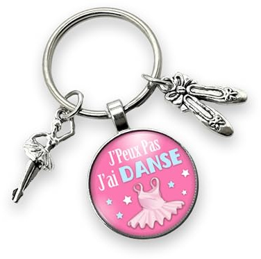 Porte-clés danse « J'peux pas, j'ai danse » avec cabochon et breloque ballerine, pointes – Idée cadeau femme danseuse - création
