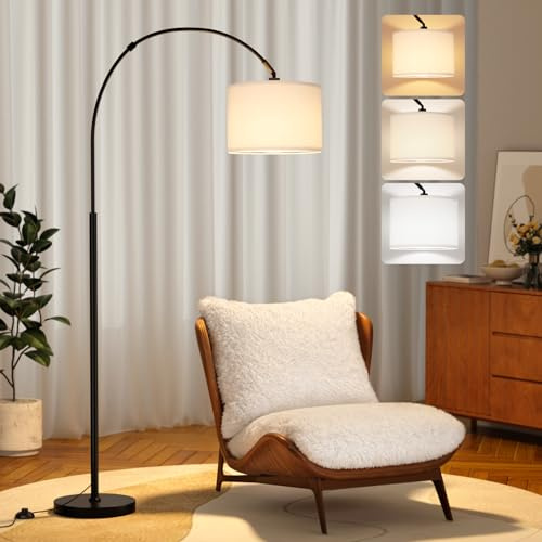 PreeOtti Arc Floor Lamp, White and Black Standing Lamp with Remote Control, Floor Lamp for Living Room with Dimmable 3 Color Temperatures, Tall Lamp Corner Lamp for Bedroom Office, Bulb Included