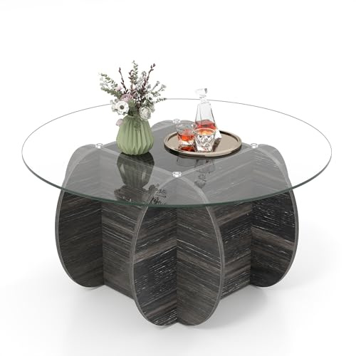 LIFEZEAL Table Basse Ronde avec Plateau en Verre trempé Transparent, Table d'appoint Moderne décorative avec Pieds en Bois Massif, Table d'appoint Rustique pour Petits espaces (Gris)
