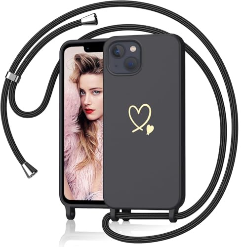 Yichxu Handyband für iPhone 13 Mini Hülle mit Band, Herz Design Necklace Handyhülle zum Umhängen Kordel, Stoßfest Schutzhülle mit Kette, Weich TPU Liquid Silikon Case für iPhone 13 Mini, Schwarz