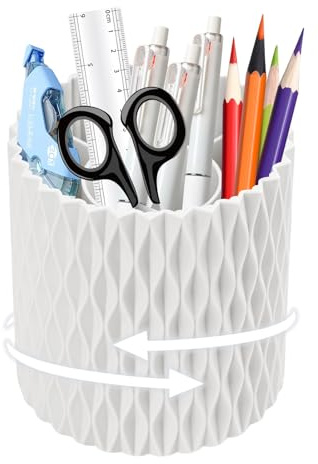 MYHOGOOD Desk Organisers Pen Holder 360° Rotating Makeup Organiser Stationary Desk Organisers with 5 Compartments Pen Pot for Home Office School Classroom (White)
