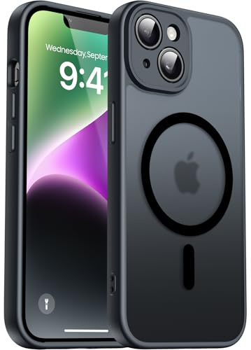Natiiozie Magnetisch Hülle für iPhone 14, Matt Schwarz | Kompatibel mit MagSafe, Kameraschutz Militärschutz Handyhülle, Stoßfest Kratzfest Schutzhülle Transluzente Rückseite Case