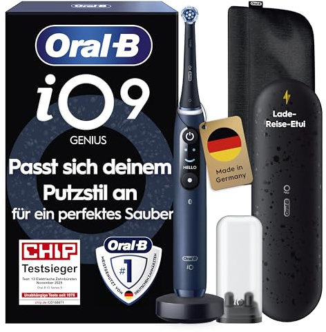 Oral-B iO Series 9 Elektrische Zahnbürste, Dunkelblau | Inkl. 1 Aufsteckbürste, Lade-Reise-Etui, CHIP Testsieger (11/25), Electric Toothbrush mit 7 Modi Für Zahnpflege