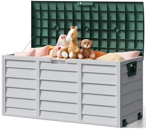 The Fellie Garden Storage Box with Wheels, 290L Lockable Garden Storage Boxes Waterproof, Plastic Outside Storage Box for Gardening Tools, Cushions, Toys, 112x49x54cm, Dark Green+Grey