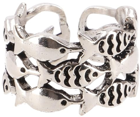 GURU SHOP Breiter Messing Modeschmuck Ring mit Fischen - Silberfarben