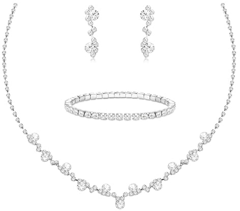 Roheafer Silver Jewellery Set for Women Crystal Necklace Earrings Bracelet | Rhinestone Bridal Choker Necklace Bracelet Drop Dangle Earrings for Bride Bridesmaid Wedding Prom Party Costume Accessories
