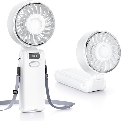 Wasuka Ventilatore Portatile a Mano, Ventilatore da Tavolo Pieghevole con Display LED, 5 Velocità, Mini Ventilatore USB Ricaricabile a Batteria per Casa, Ufficio, Camera da Letto e Viaggi (Bianco)