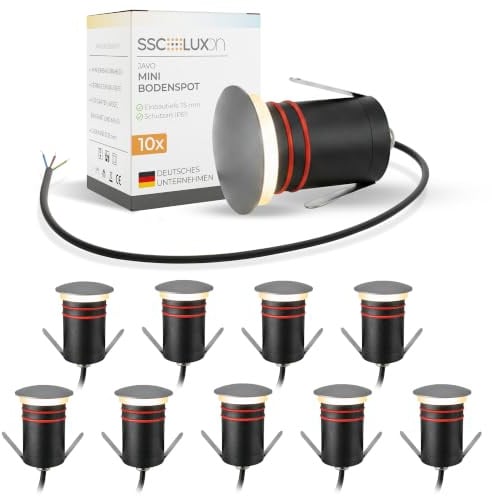 SSC-LUXon JAVO Bodenstrahler 10er Set IP67 Ø50mm 230V indirekt blendfrei | Zehn begehbare Bodenleuchten mit indirektem Licht - für Wege, Einfahrt & Gartenanlagen, wetterfest IP67, ohne Trafo