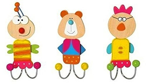 Inware 21211 - Doppel Garderobenhaken, 3er-Set, Biene, Bär, Huhn, Tiermotive, Kleiderhaken